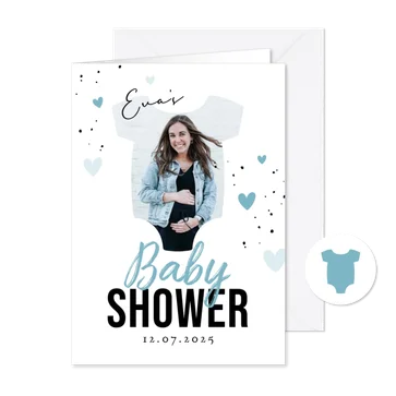 Uitnodiging blauw babyshower rompertje foto hartjes